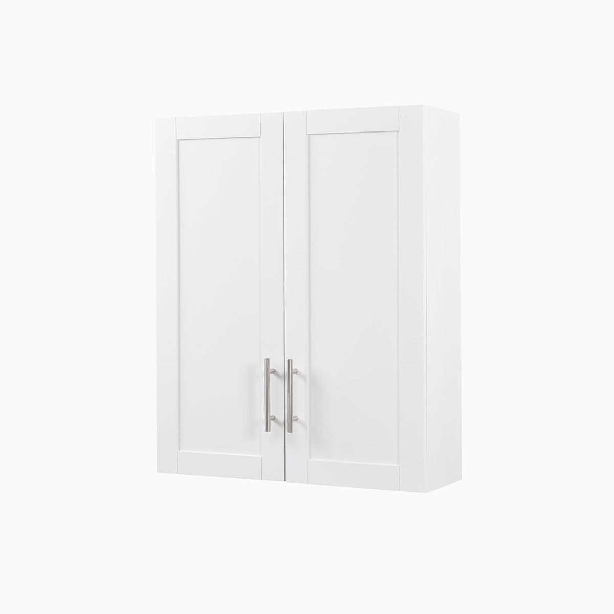 White wall cabinet with two doors and silver handles on a white background