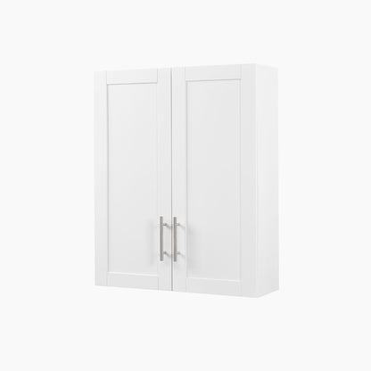 White wall cabinet with two doors and silver handles on a white background