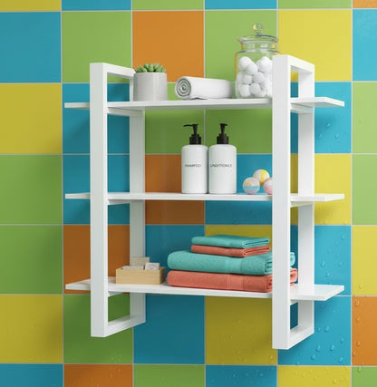 White wall shelf with bathroom items against a colorful tiled wall.