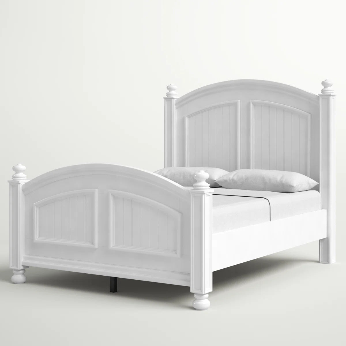 White wooden bed with a simple design on a white background