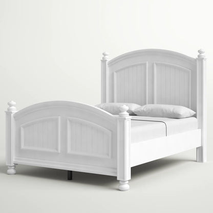 White wooden bed with a simple design on a white background