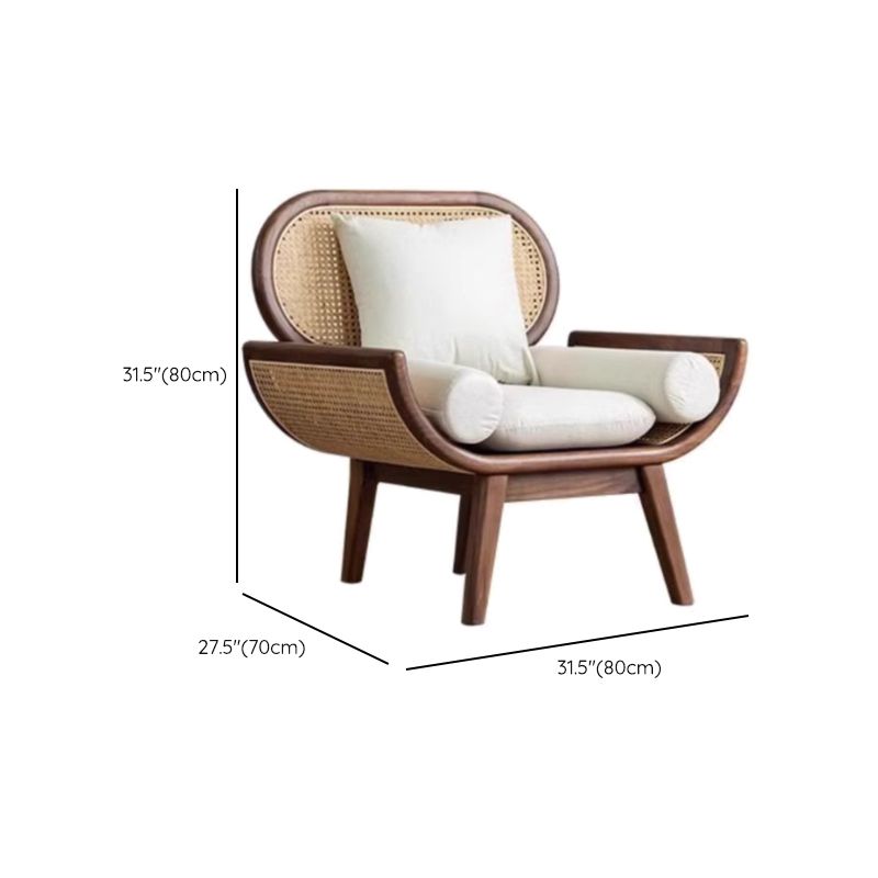 Wicker chair with dimensions labeled on a white background
