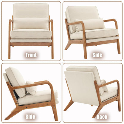 Wooden armchair with beige cushions shown from front, side, and back angles on a white background.