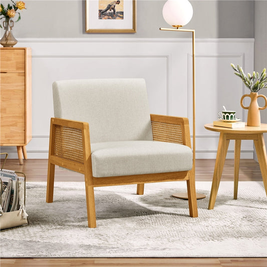 Wooden armchair with wicker backrest in a living room setting