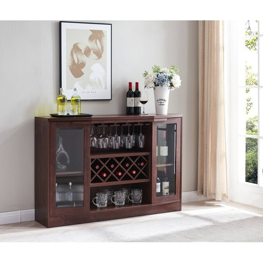 Wooden bar cabinet with glass doors displaying wine bottles and glasses in a room with a painting and window.