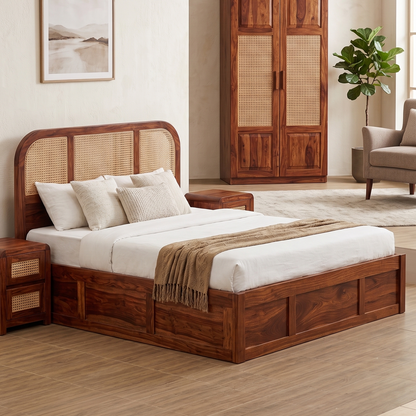 Wooden bed with white bedding in a bedroom setting