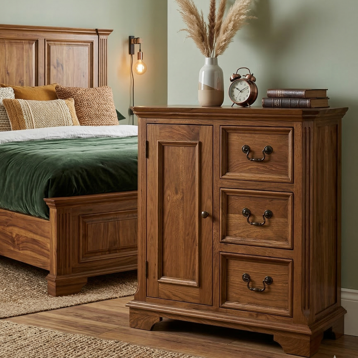 Wooden bedroom set with bed and dresser against a green wall.