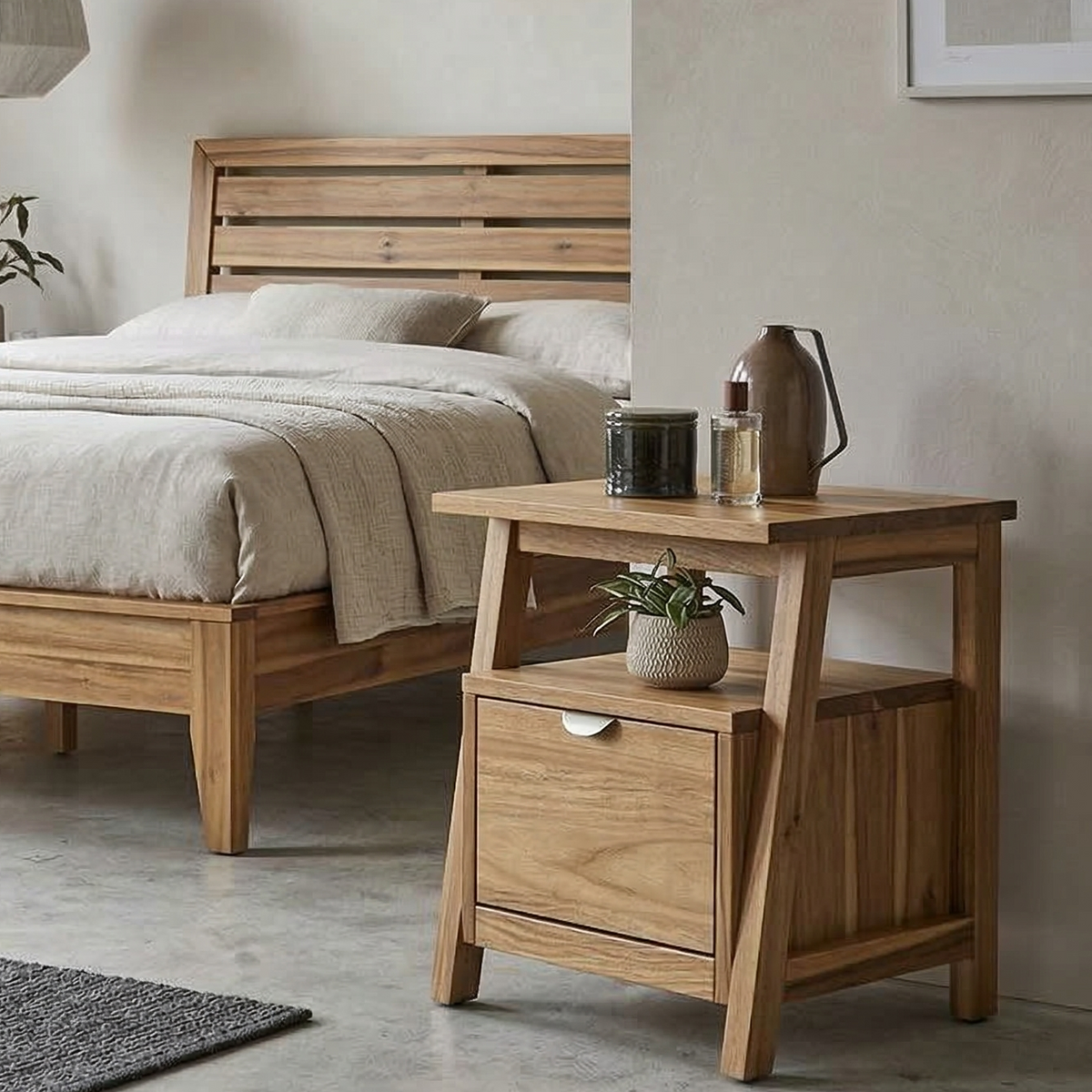 Wooden bed and nightstand with decorative items in a bedroom setting