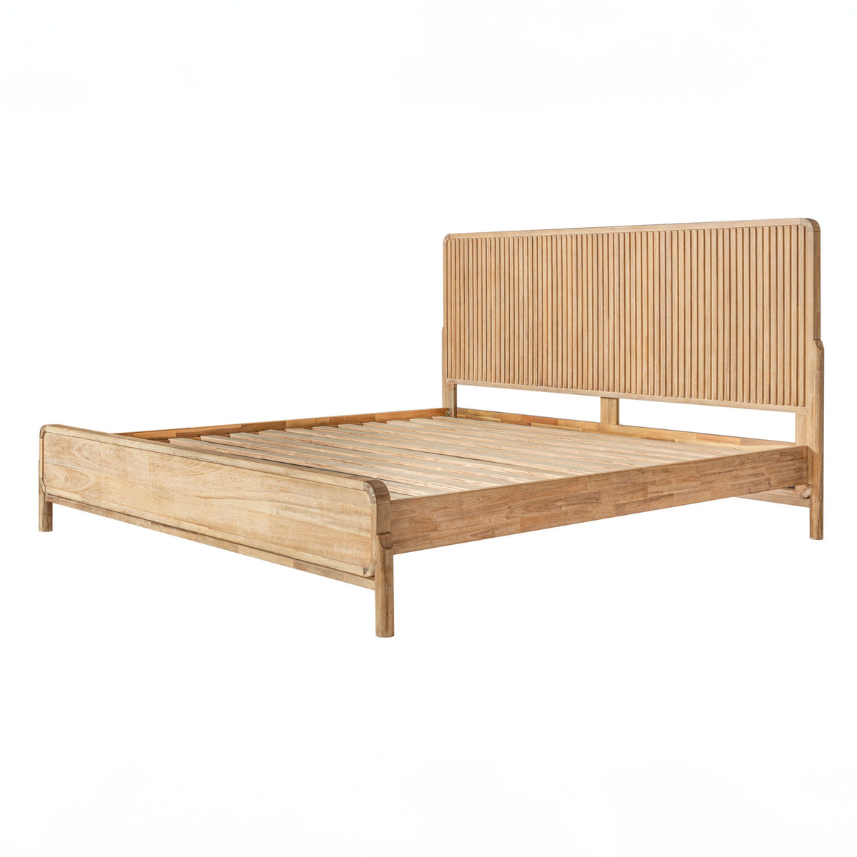 Wooden bed frame with slatted headboard on a white background