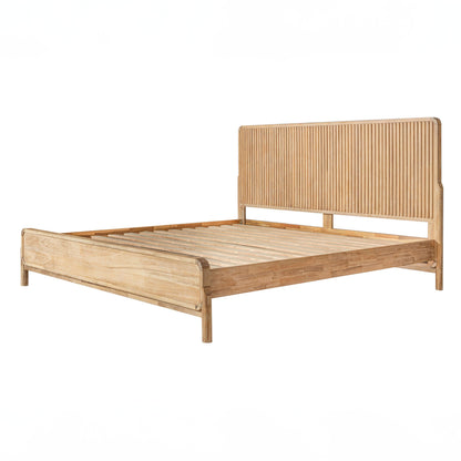 Wooden bed frame with slatted headboard on a white background