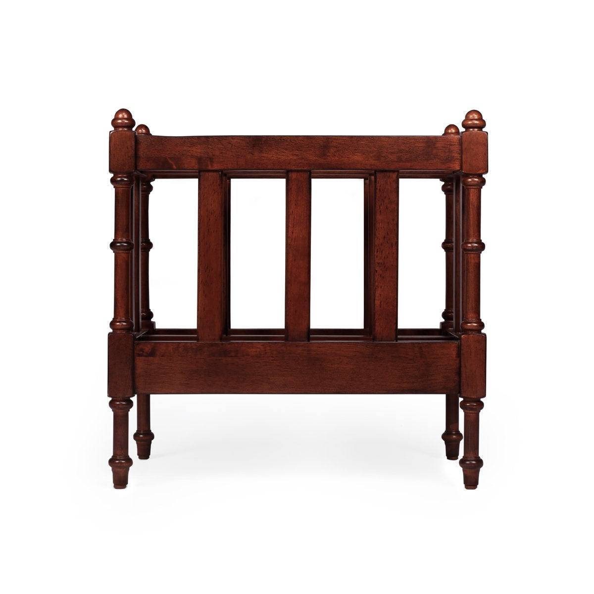 Wooden bed frame with turned posts on a white background