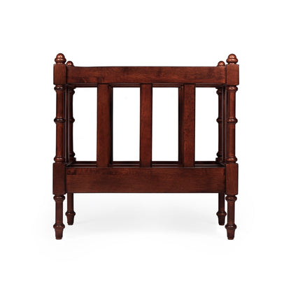 Wooden bed frame with turned posts on a white background