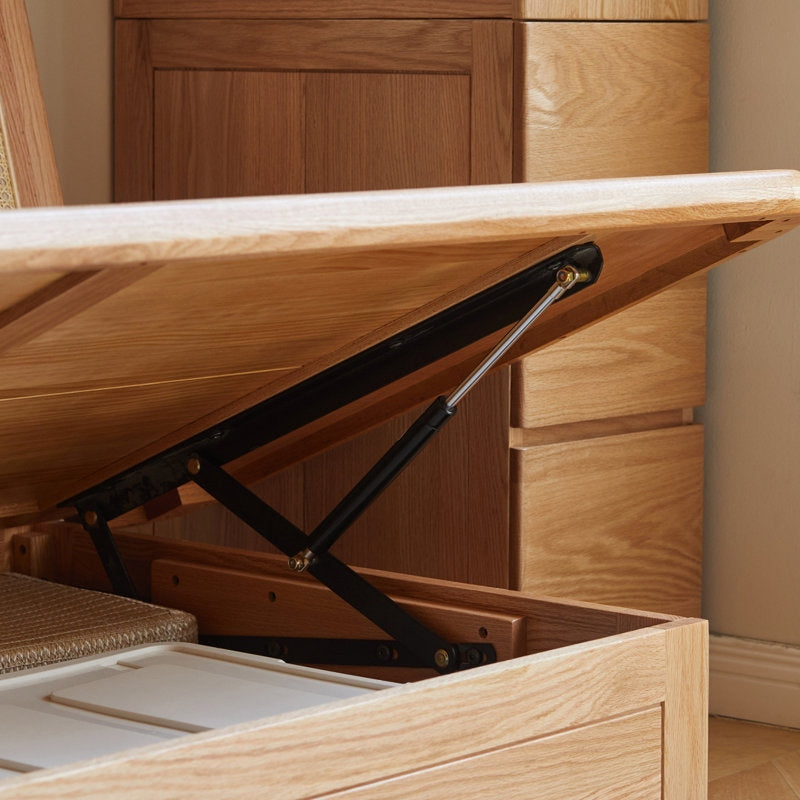Wooden bed with lift mechanism in a room setting