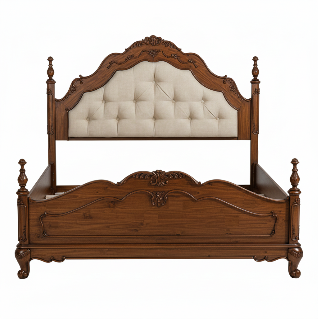 Wooden bed with tufted headboard on a white background