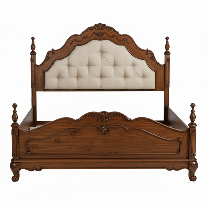 Wooden bed with tufted headboard on a white background