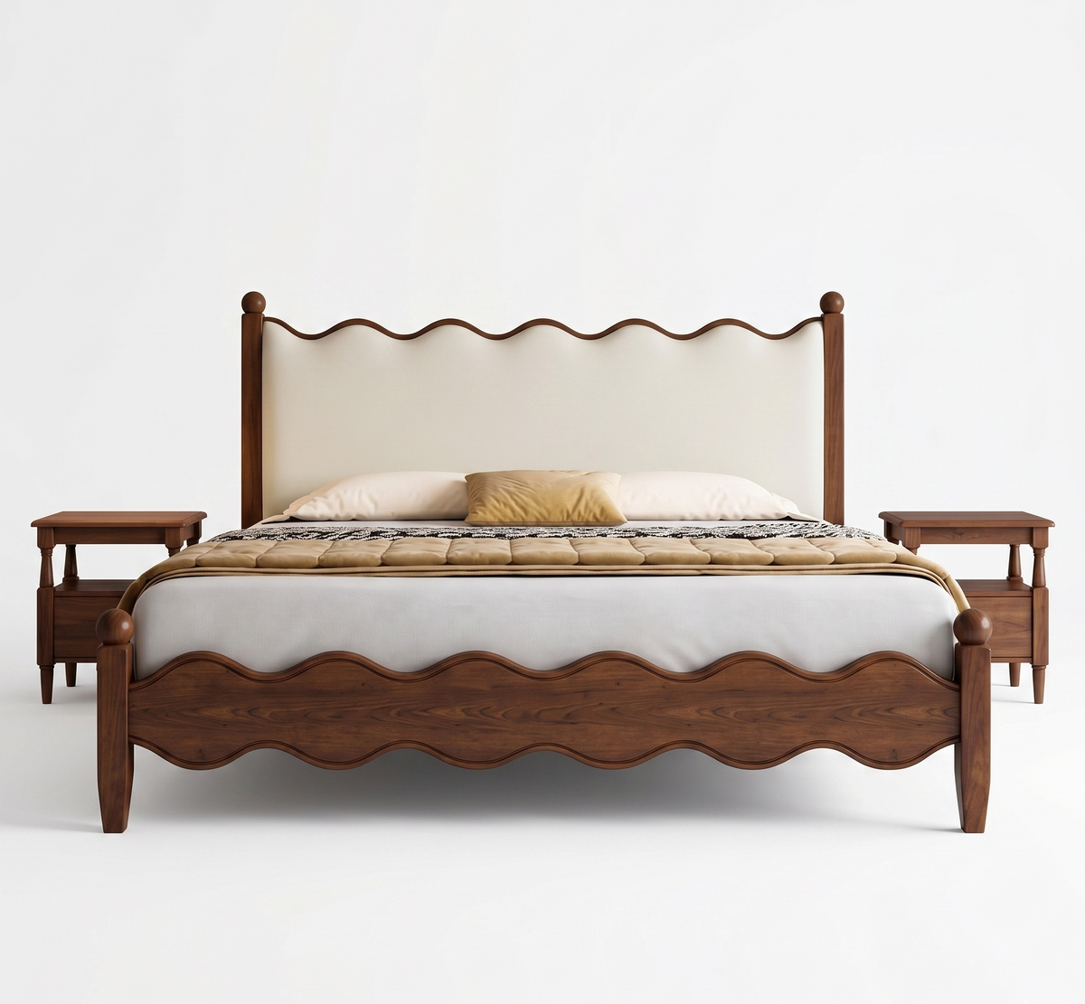 Wooden bed with wavy design on a white background