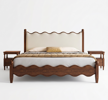 Wooden bed with wavy design on a white background