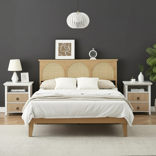 Wooden bed with wicker headboard in a bedroom setting