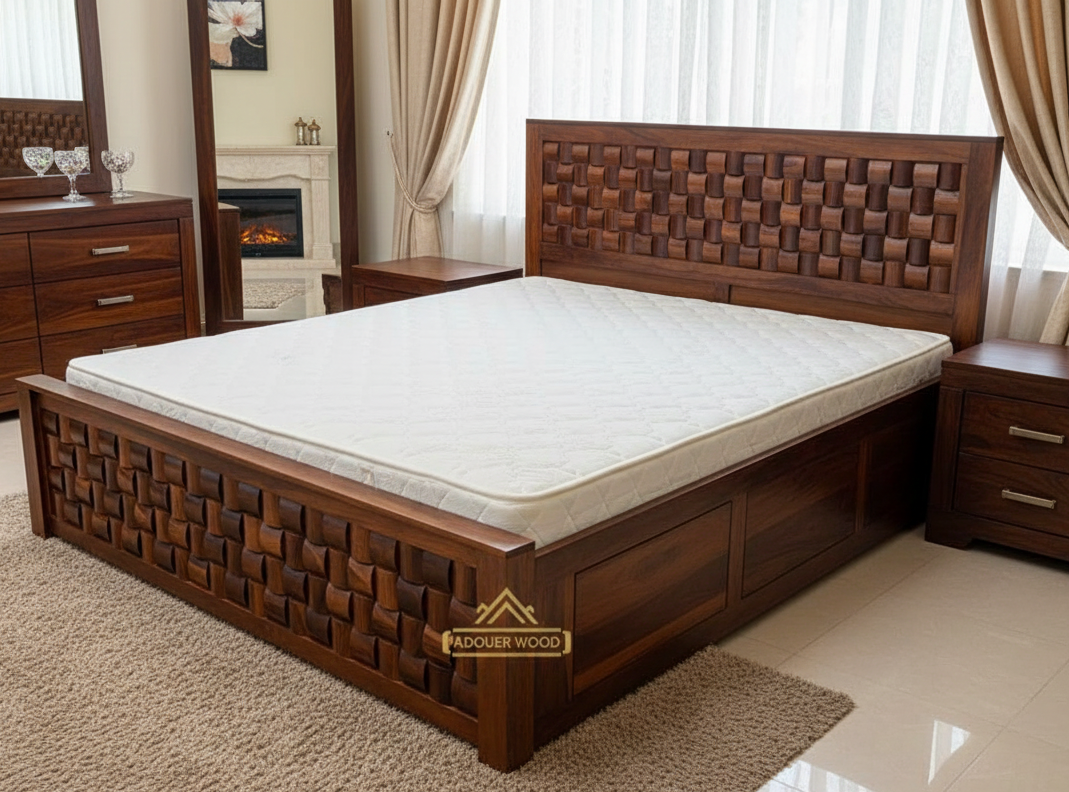 Wooden bed with woven design in a bedroom setting, ADOUER WOOD brand visible.