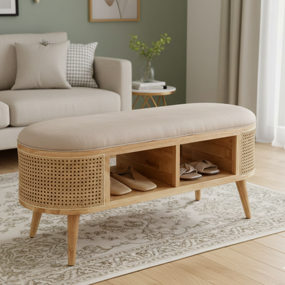 Wooden bench with cushioned seat in a living room setting