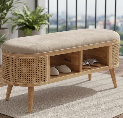 Wooden bench with cushioned top on a patio with shoes underneath