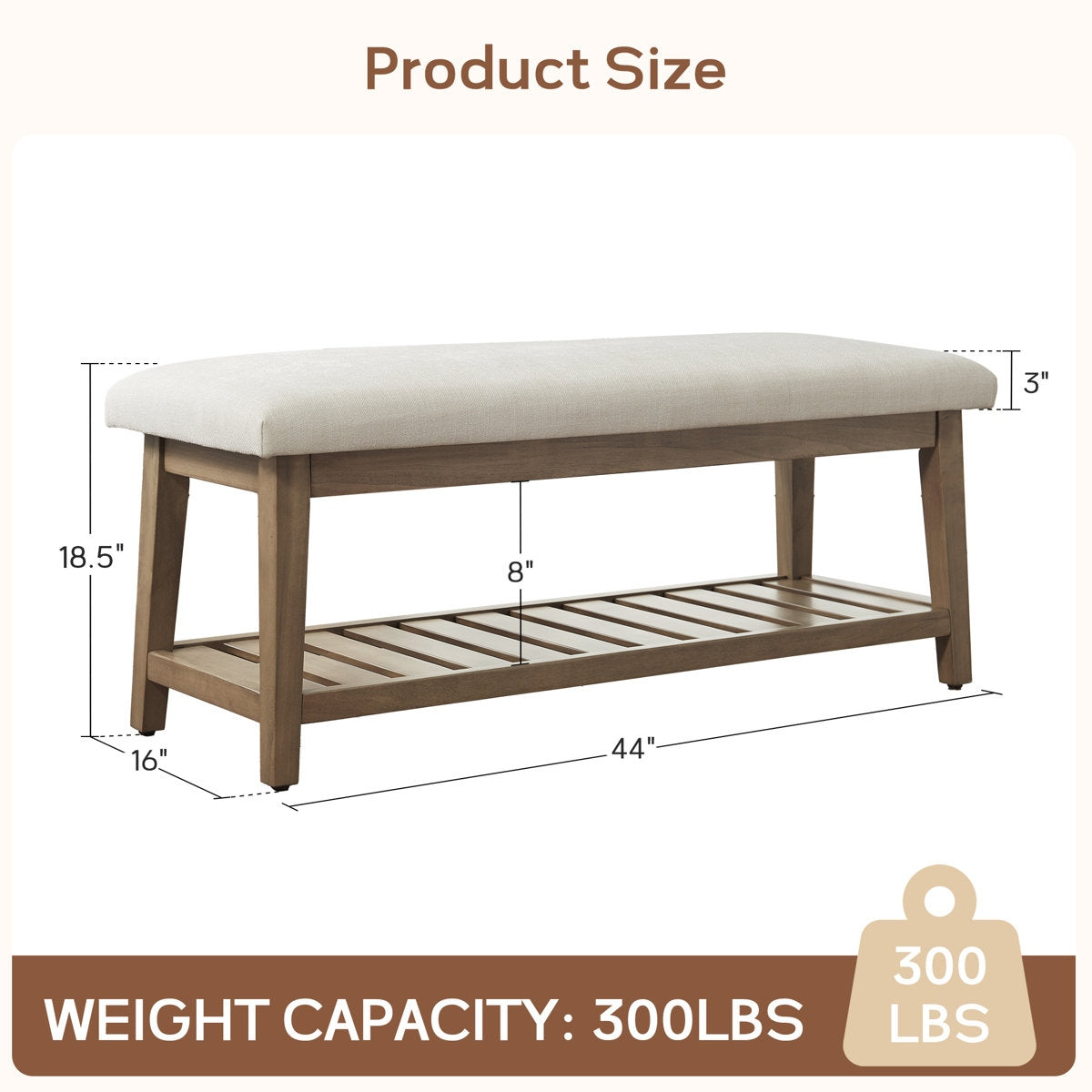 Wooden bench with dimensions and weight capacity label on a beige background