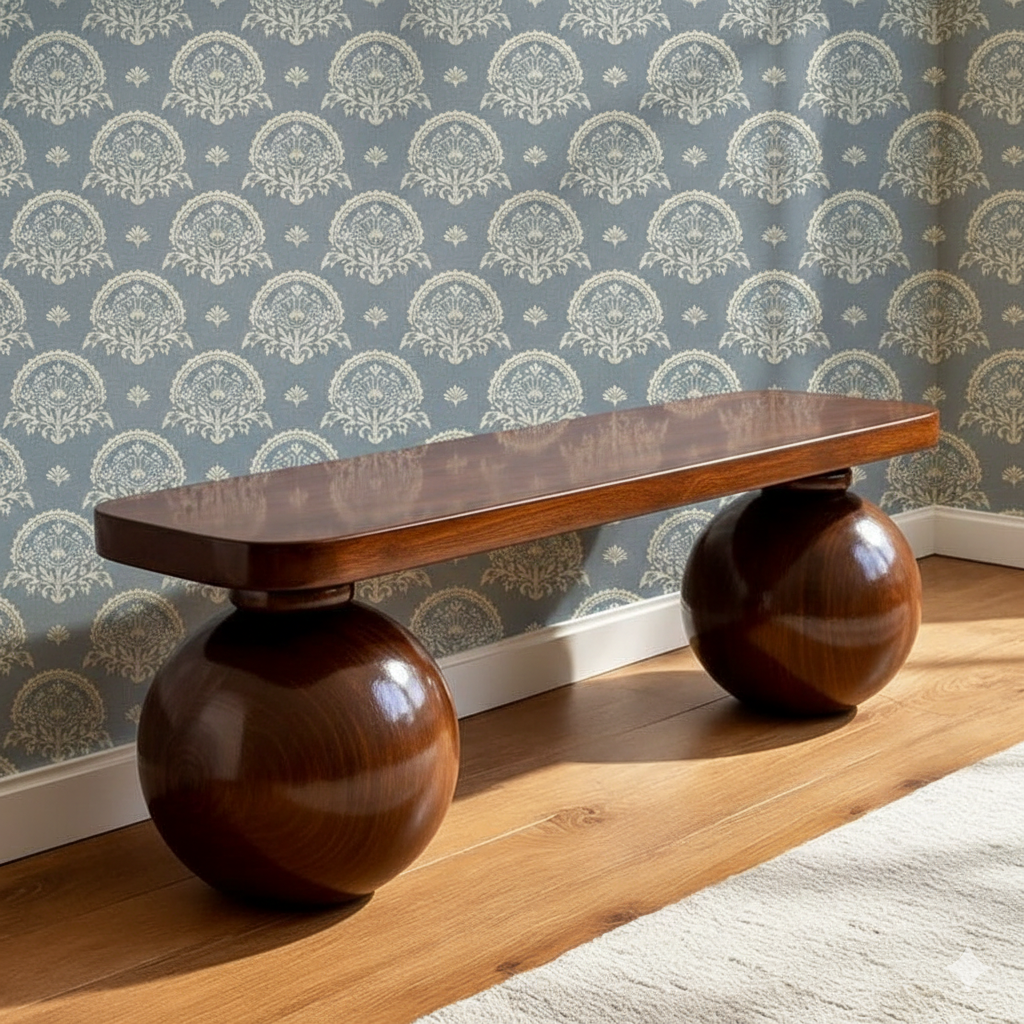 Wooden bench with spherical bases against a patterned wall.
