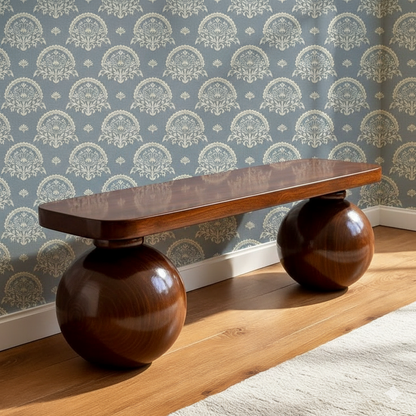 Wooden bench with spherical bases against a patterned wall.