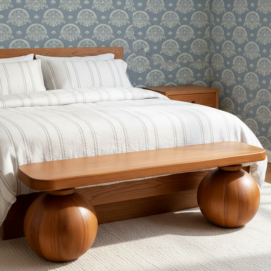 Wooden bench with spherical legs in a bedroom setting