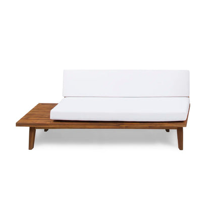 Wooden bench with white cushion on a white background