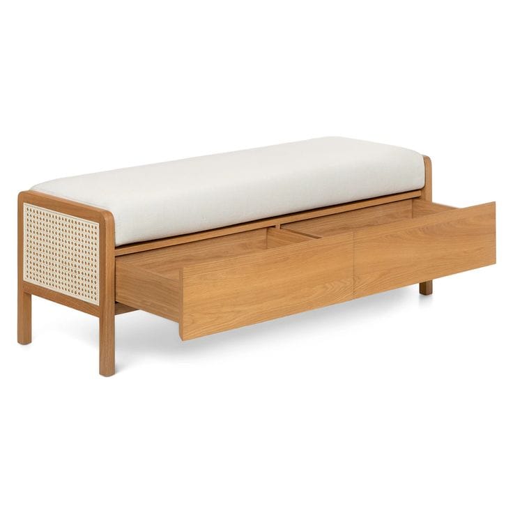Wooden bench with white cushion and storage drawer on a white background