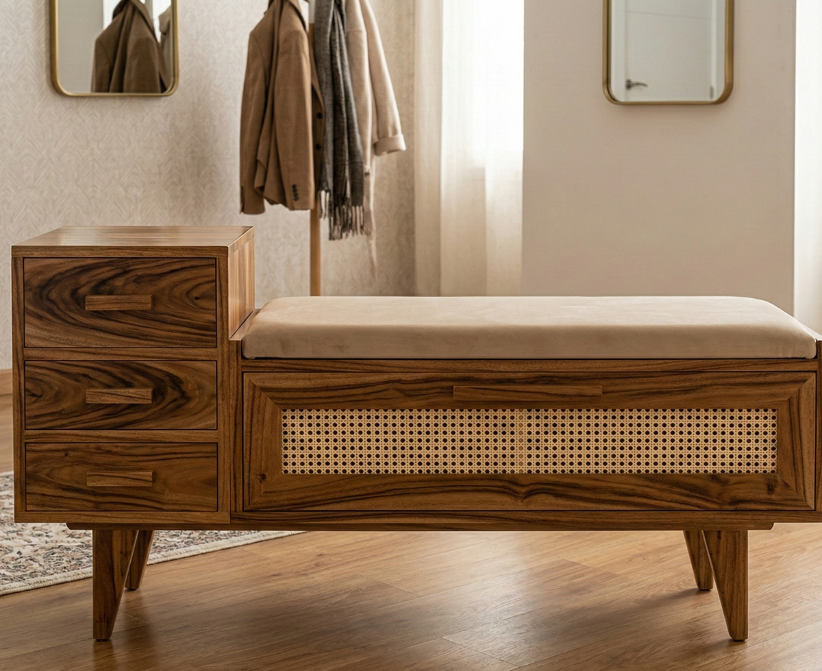 Wooden bench with woven backrest in a room setting
