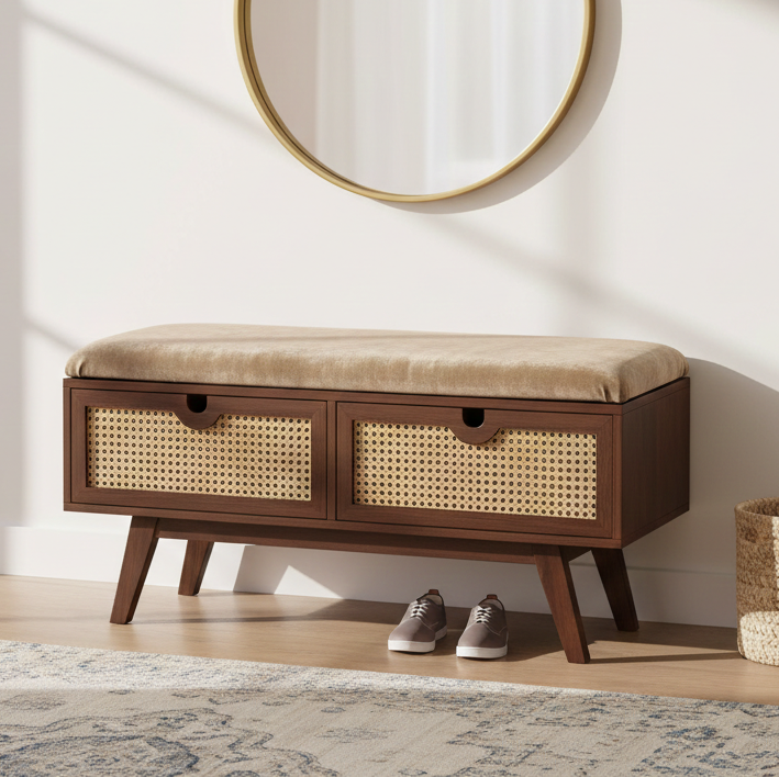 Wooden bench with woven drawers and cushioned seat in a room setting.