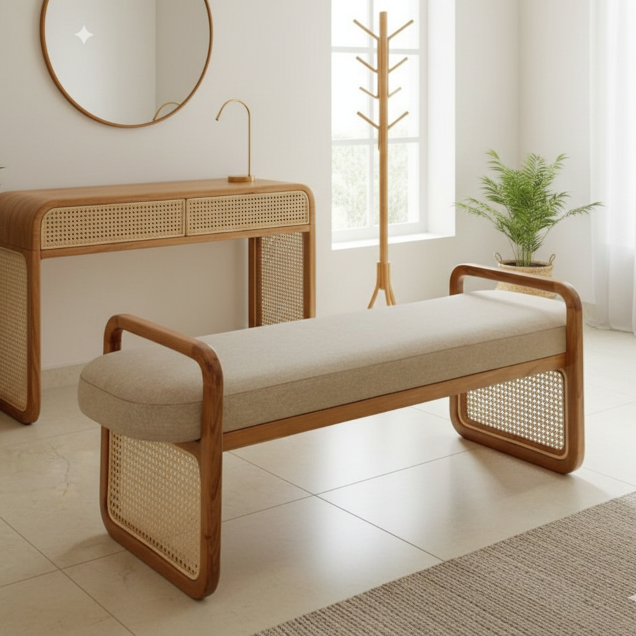Wooden bench with woven sides in a bright room with a mirror and plant.
