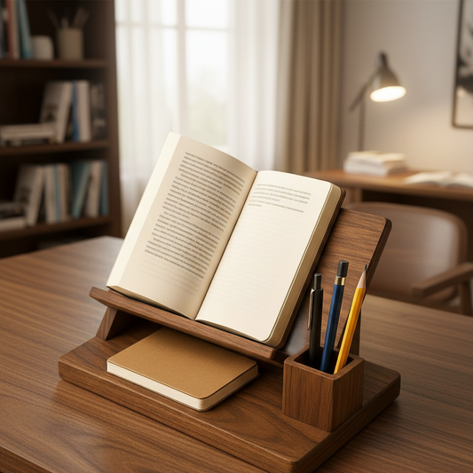Wooden book stand with an open book, pen, and pencil on a desk.