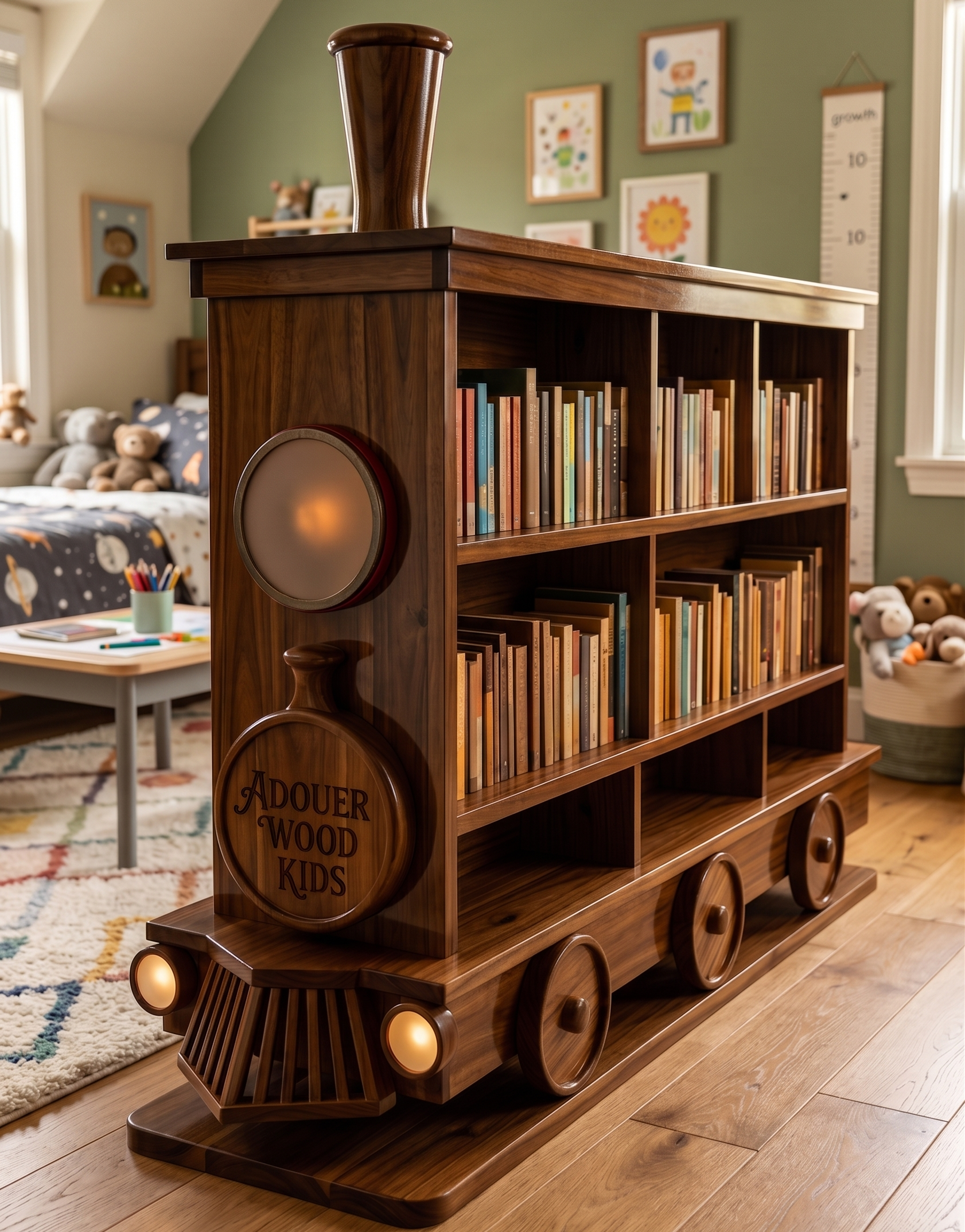 Wooden bookshelf designed like a train in a room with children's toys and furniture.