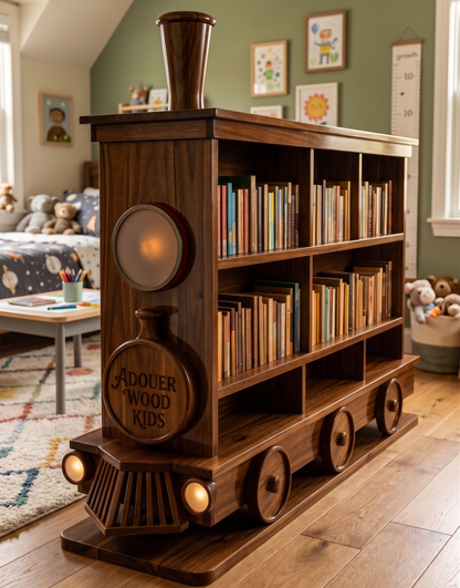 Wooden bookshelf designed like a train in a room with children's toys and furniture.