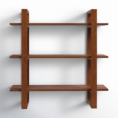 Wooden bookshelf with three shelves on a white background