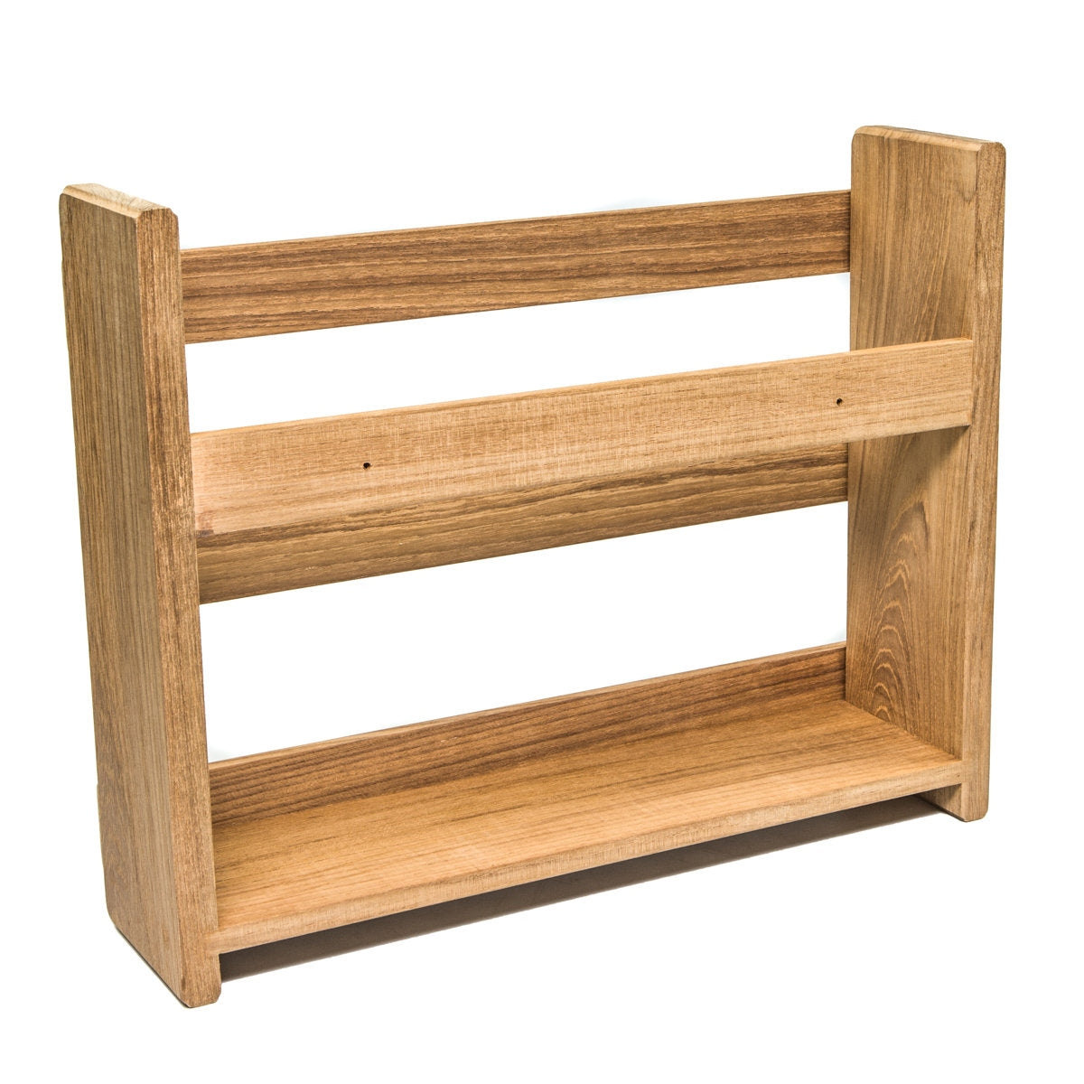 Wooden bookshelf with two shelves on a white background