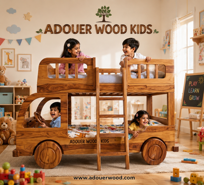 Wooden bunk bed shaped like a car with children playing inside, branded 'ADOUER WOOD Kids'.