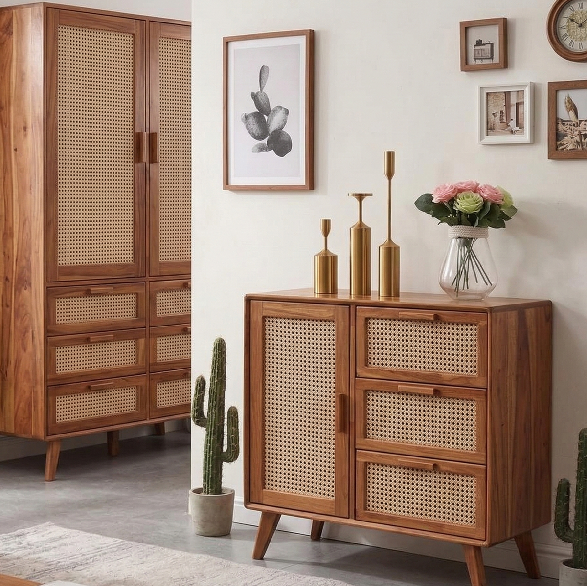 Wooden cabinet with wicker doors in a room with decor elements like a clock, plants, and wall art.