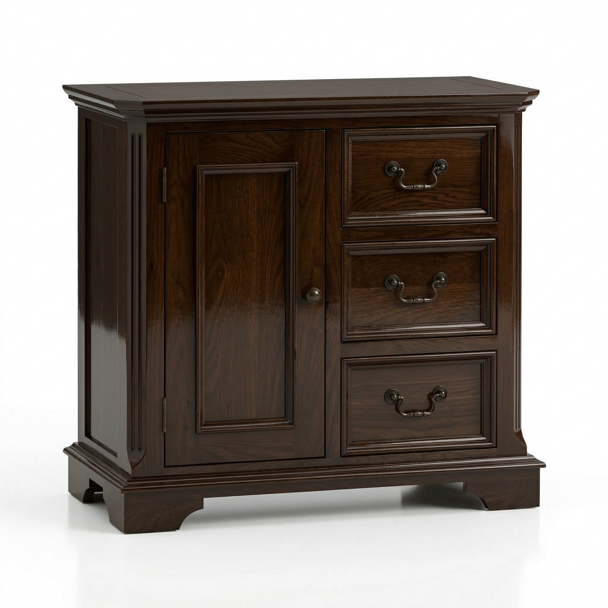 Wooden cabinet with a door and three drawers on a white background