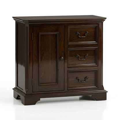 Wooden cabinet with a door and three drawers on a white background