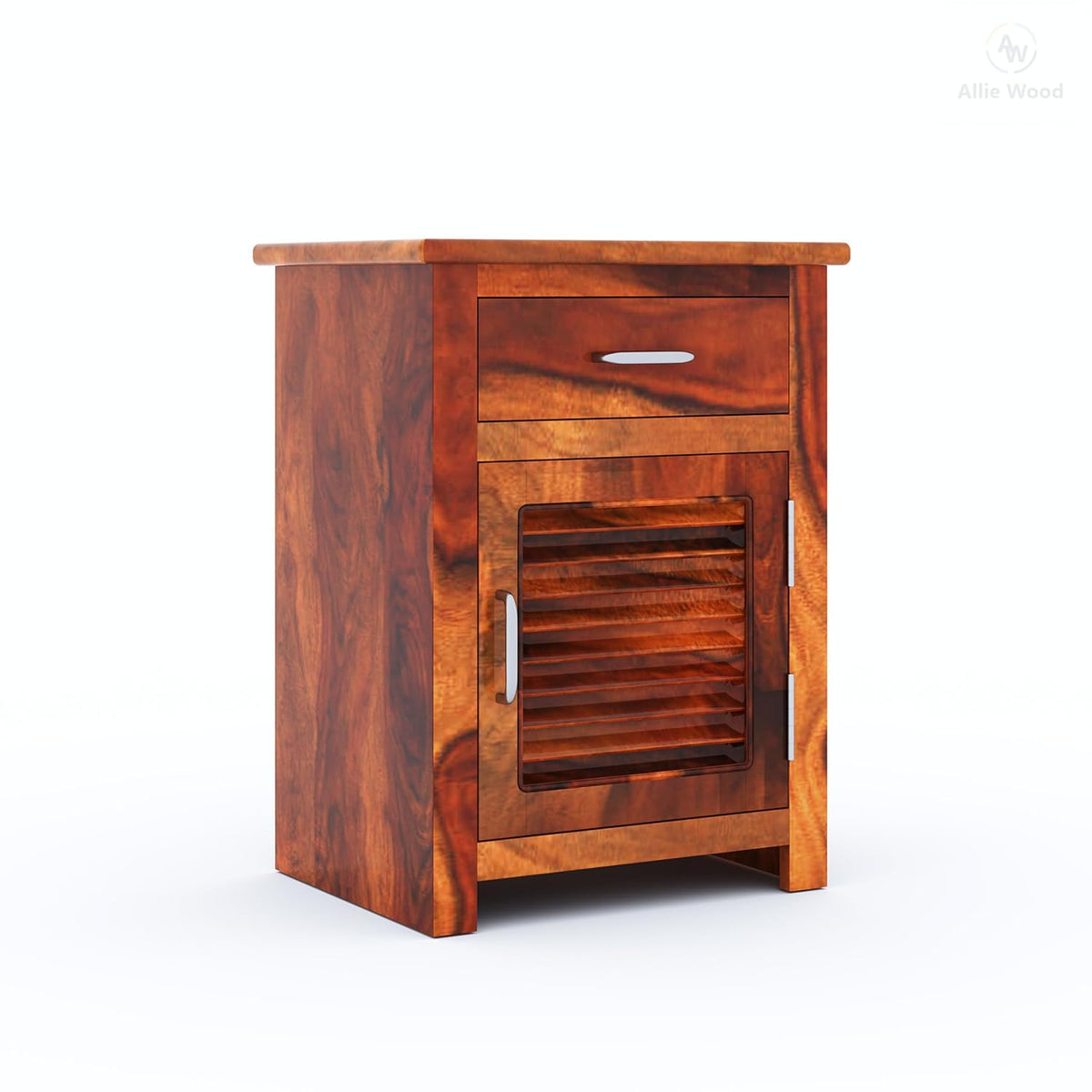 Wooden cabinet with a drawer and shutter door on a white background