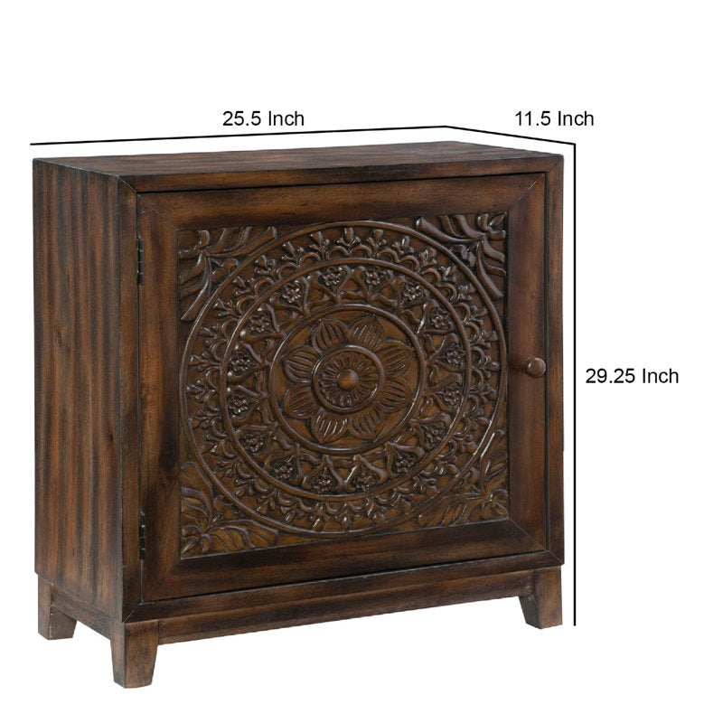 Wooden cabinet with decorative carvings and dimensions on a white background