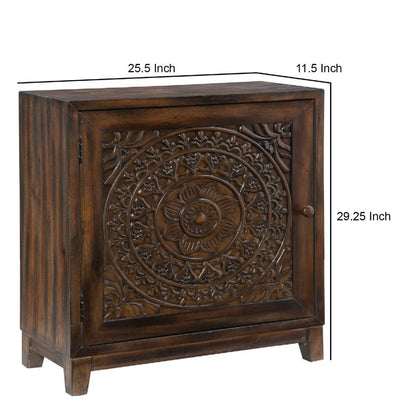 Wooden cabinet with decorative carvings and dimensions on a white background