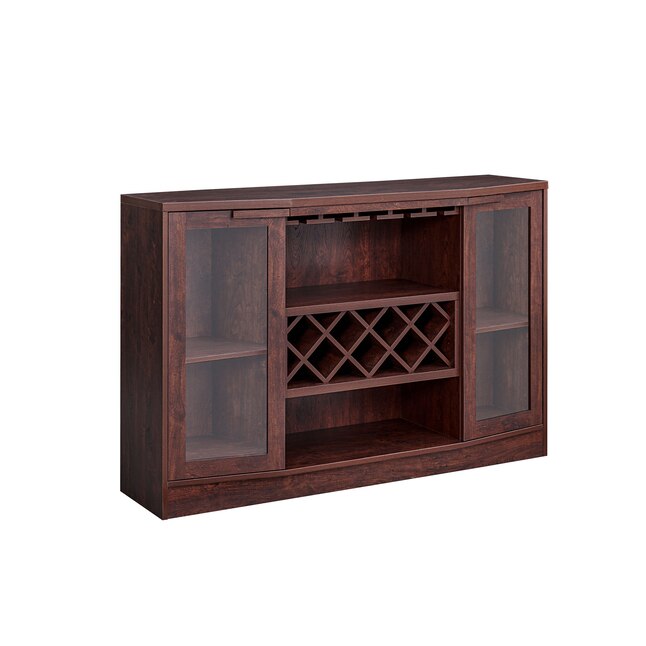 Wooden cabinet with glass panels and wine rack on a white background