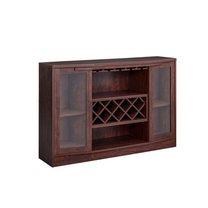 Wooden cabinet with glass panels and wine rack on a white background