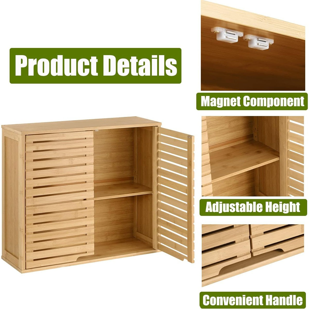 Wooden cabinet with open door, highlighting magnet component, adjustable height, and convenient handle.