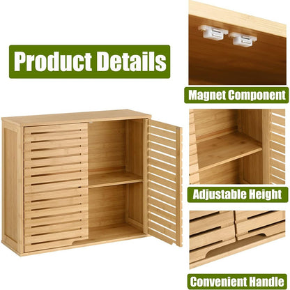 Wooden cabinet with open door, highlighting magnet component, adjustable height, and convenient handle.